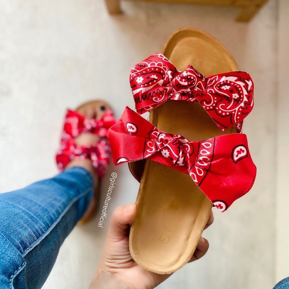 Red Bandana Double Bow Slide Sandal